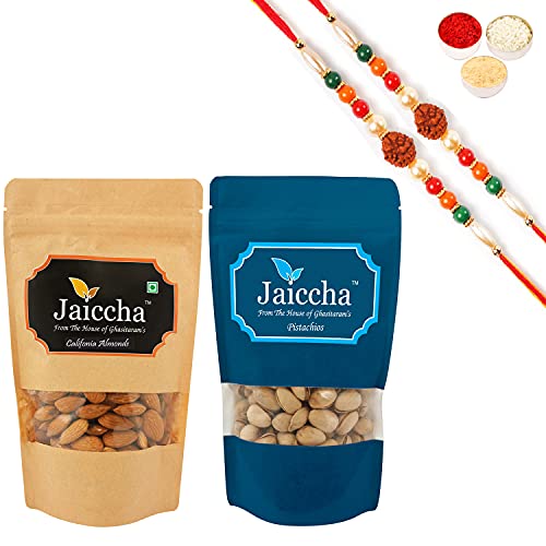 Ghasitaram Gifts Jaiccha Rakhi Gifts for Brothers Rakhi Dryfruits - Almonds 100 GMS and Pistachios 100 GMS Pouches with 2 Rudraksh Rakhis von Jaiccha