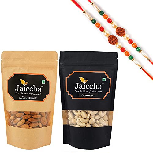 Ghasitaram Gifts Jaiccha Rakhi Gifts for Brothers Rakhi Dryfruits - Almonds 200 GMS and Cashew 200 GMS Pouches with 2 Rudraksh Rakhis Ghasitaram Gifts Jaiccha Rakhi Gifts for Brothers Rakhi Dryfruits - Almonds 200 GMS and Cashew 200 GMS Pouches with 2 Rudraksh Rakhis von Jaiccha