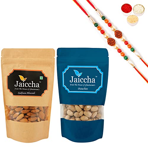 Ghasitaram Gifts Jaiccha Rakhi Gifts for Brothers Rakhi Dryfruits - Almonds 200 GMS and Pistachios 200 GMS Pouches with 2 Rudraksh Rakhis von Jaiccha