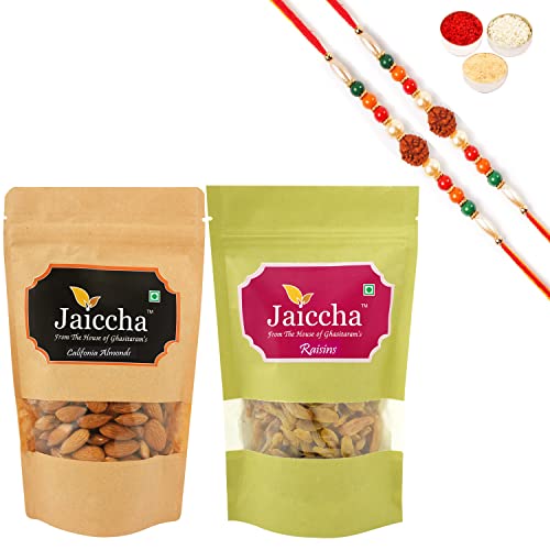 Ghasitaram Gifts Jaiccha Rakhi Gifts for Brothers Rakhi Dryfruits - Almonds 200 GMS and Raisins 200 GMS Pouches with 2 Rudraksh Rakhis von Jaiccha