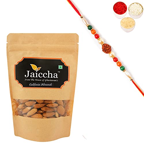 Ghasitaram Gifts Jaiccha Rakhi Gifts for Brothers Rakhi Dryfruits - American/ Califonia Almonds 200 GMS in Brown Paper Pouch with Rudraksh Rakhi von Jaiccha