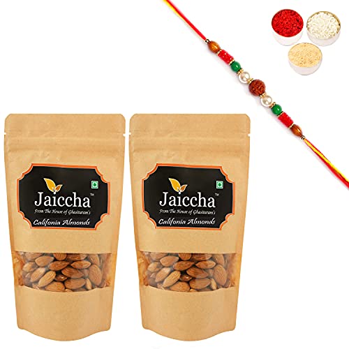 Ghasitaram Gifts Jaiccha Rakhi Gifts for Brothers Rakhi Dryfruits - American/ Califonia Almonds 400 GMS in Brown Paper Pouch with Rudraksh Rakhi von Jaiccha