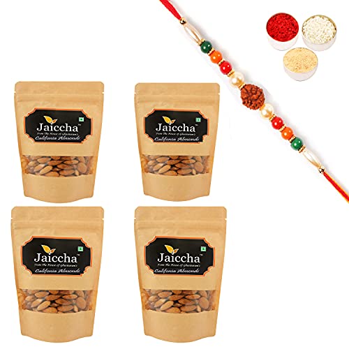 Ghasitaram Gifts Jaiccha Rakhi Gifts for Brothers Rakhi Dryfruits - American/ Califonia Almonds 800 GMS in Brown Paper Pouch with Rudraksh Rakhi von Jaiccha