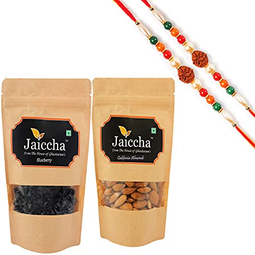 Ghasitaram Gifts Jaiccha Rakhi Gifts for Brothers Rakhi Dryfruits - Blueberry 100 GMS and Almonds 100 GMS Pouch with 2 Rudraksh Rakhis von Jaiccha