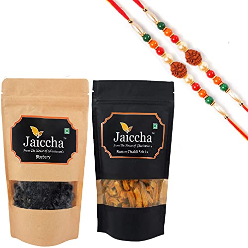 Ghasitaram Gifts Jaiccha Rakhi Gifts for Brothers Rakhi Dryfruits - Blueberry 100 GMS and Butter Chakli Sticks 100 gmsPouch with 2 Rudraksh Rakhis von Jaiccha