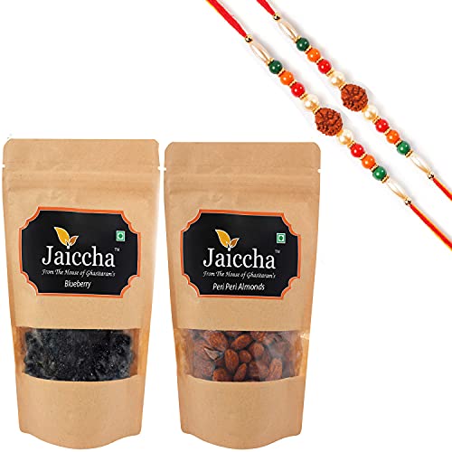 Ghasitaram Gifts Jaiccha Rakhi Gifts for Brothers Rakhi Dryfruits - Blueberry 100 GMS and Peri Peri Almonds 100 GMS Pouch with 2 Rudraksh Rakhis von Jaiccha