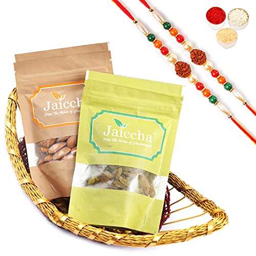 Ghasitaram Gifts Jaiccha Rakhi Gifts for Brothers Rakhi Dryfruits - Boat Basket of Almonds and Raisins with 2 Rudraksh rakhis von Jaiccha