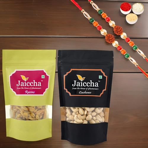 Ghasitaram Gifts Jaiccha Rakhi Gifts for Brothers Rakhi Dryfruits - Cashews 100 GMS and Raisins 100 GMS Pouches with 2 Rudraksh Rakhis Ghasitaram Gifts Jaiccha Rakhi Gifts for Brothers Rakhi Dryfruits - Cashews 100 GMS and Raisins 100 GMS Pouches with 2 Rudraksh Rakhis von Jaiccha