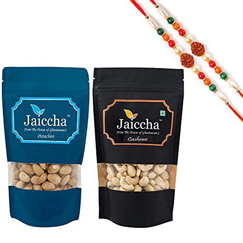 Ghasitaram Gifts Jaiccha Rakhi Gifts for Brothers Rakhi Dryfruits - Cashews 200 GMS and Pistachios 200 GMS Pouches with 2 Rudraksh Rakhis von Jaiccha