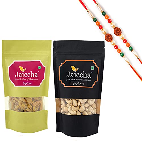 Ghasitaram Gifts Jaiccha Rakhi Gifts for Brothers Rakhi Dryfruits - Cashews 200 GMS and Raisins 200 GMS Pouches with 2 Rudraksh Rakhis von Jaiccha