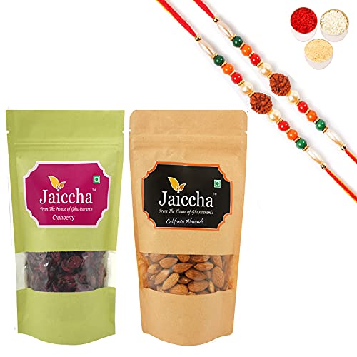 Ghasitaram Gifts Jaiccha Rakhi Gifts for Brothers Rakhi Dryfruits - Cranberry 100 GMS and Almonds 100 GMS Pouch with 2 Rudraksh Rakhis von Jaiccha