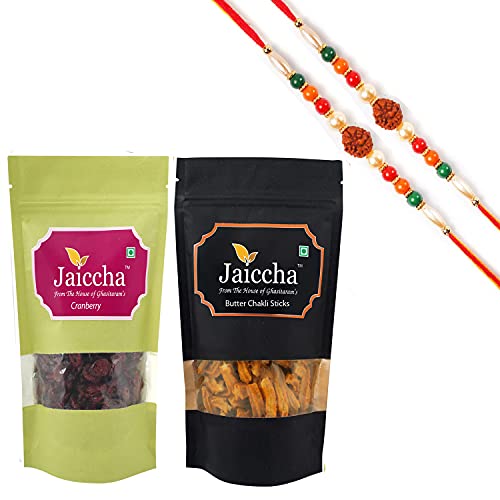 Ghasitaram Gifts Jaiccha Rakhi Gifts for Brothers Rakhi Dryfruits - Cranberry 100 GMS and Butter Chakli Sticks 100 GMS Pouch with 2 Rudraksh Rakhis von Jaiccha