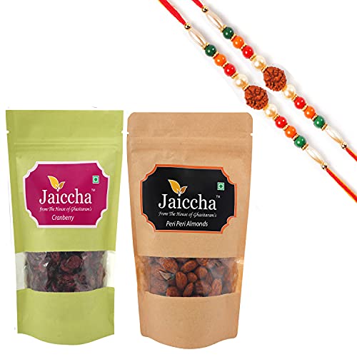 Ghasitaram Gifts Jaiccha Rakhi Gifts for Brothers Rakhi Dryfruits - Cranberry 100 GMS and Peri Peri Almonds 100 GMS Pouch with 2 Rudraksh Rakhis Ghasitaram Gifts Jaiccha Rakhi Gifts for Brothers Rakhi Dryfruits - Cranberry 100 GMS and Peri Peri Almonds 100 GMS Pouch with 2 Rudraksh Rakhis von Jaiccha