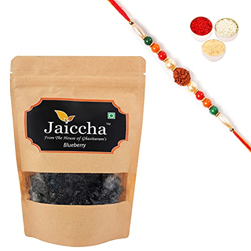 Ghasitaram Gifts Jaiccha Rakhi Gifts for Brothers Rakhi Dryfruits - Dehydrated Dried Blueberries 200 GMS in Brown Paper Pouch with Rudraksh Rakhi von Jaiccha