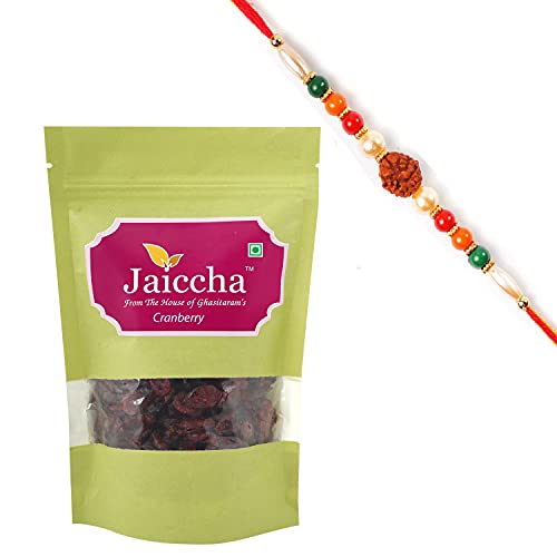 Ghasitaram Gifts Jaiccha Rakhi Gifts for Brothers Rakhi Dryfruits - Dehydrated Dried Cranberries 200 GMS in Green Paper Pouch with Rudraksh Rakhi Ghasitaram Gifts Jaiccha Rakhi Gifts for Brothers Rakhi Dryfruits - Dehydrated Dried Cranberries 200 GMS in Green Paper Pouch with Rudraksh Rakhi von Jaiccha