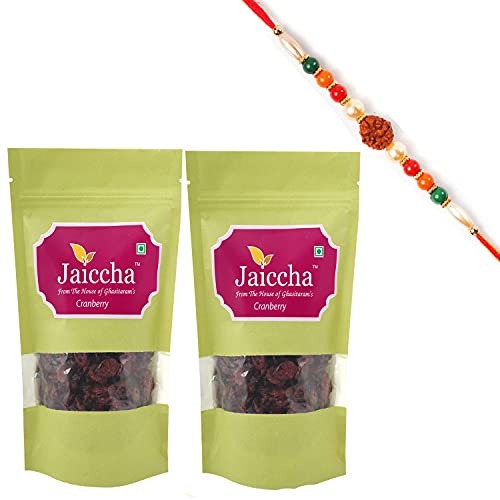 Ghasitaram Gifts Jaiccha Rakhi Gifts for Brothers Rakhi Dryfruits - Dehydrated Dried Cranberries 400 GMS in Green Paper Pouch with Rudraksh Rakhi von Jaiccha