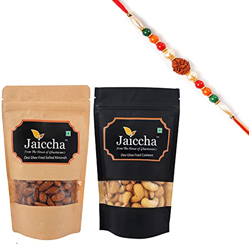 Ghasitaram Gifts Jaiccha Rakhi Gifts for Brothers Rakhi Dryfruits - Desi Ghee Fried Salted Cashews 100 GMS and Almonds 100 GMS Pouches with Rudraksh Rakhi von Jaiccha