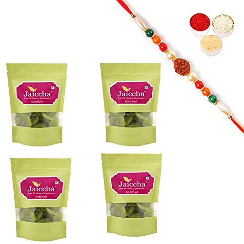 Ghasitaram Gifts Jaiccha Rakhi Gifts for Brothers Rakhi Dryfruits - Dried Kiwi 800 GMS in Green Paper Pouch with Rudraksh Rakhi von Jaiccha