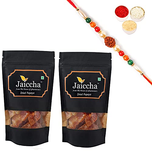 Ghasitaram Gifts Jaiccha Rakhi Gifts for Brothers Rakhi Dryfruits - Dried Papaya 400 GMS in Black Paper Pouch with Rudraksh Rakhi von Jaiccha