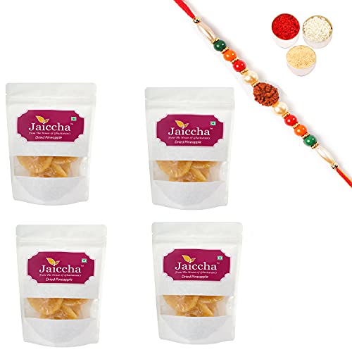 Ghasitaram Gifts Jaiccha Rakhi Gifts for Brothers Rakhi Dryfruits - Dried Pineapple 800 GMS in White Paper Pouch with Rudraksh Rakhi von Jaiccha