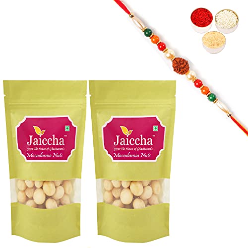 Ghasitaram Gifts Jaiccha Rakhi Gifts for Brothers Rakhi Dryfruits - Macadamia Nuts 400 GMS in Green Paper Pouch with Rudraksh Rakhi von Jaiccha