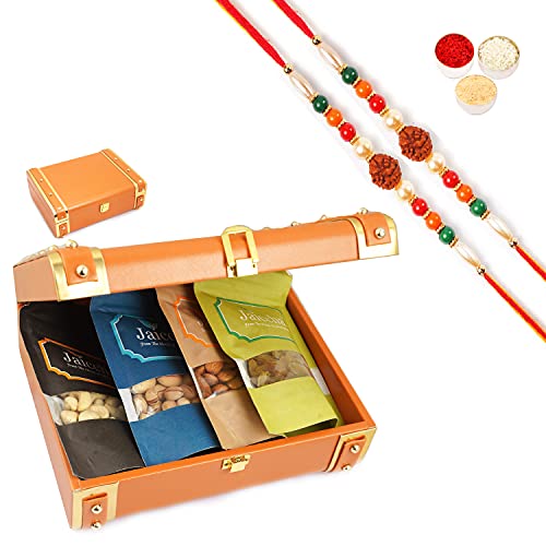 Ghasitaram Gifts Jaiccha Rakhi Gifts for Brothers Rakhi Dryfruits - Orange Trunk Box of 4 Dryfruits with 2 Rudraksh rakhis von Jaiccha