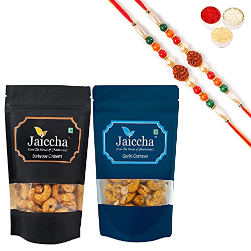 Ghasitaram Gifts Jaiccha Rakhi Gifts for Brothers Rakhi Dryfruits - Pack of 2 Garlic, Barbeque Cashews Pouches Small 200 GMS with 2 Rudraksh rakhis Ghasitaram Gifts Jaiccha Rakhi Gifts for Brothers Rakhi Dryfruits - Pack of 2 Garlic, Barbeque Cashews Pouches Small 200 GMS with 2 Rudraksh rakhis von Jaiccha