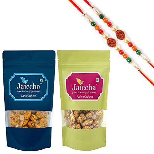 Ghasitaram Gifts Jaiccha Rakhi Gifts for Brothers Rakhi Dryfruits - Pack of 2 Garlic, Pudina, Cashews Pouches Small 200 GMS with 2 Rudraksh rakhis Ghasitaram Gifts Jaiccha Rakhi Gifts for Brothers Rakhi Dryfruits - Pack of 2 Garlic, Pudina, Cashews Pouches Small 200 GMS with 2 Rudraksh rakhis von Jaiccha