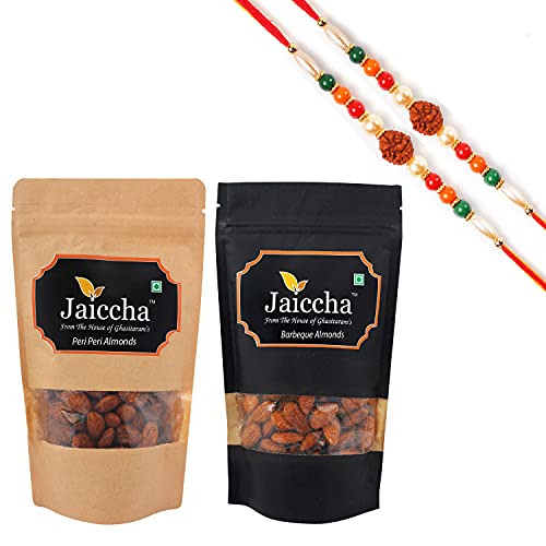 Ghasitaram Gifts Jaiccha Rakhi Gifts for Brothers Rakhi Dryfruits - Pack of 2 Peri Peri, Barbeque Almonds Pouches Small 200 GMS with 2 Rudraksh rakhis von Jaiccha