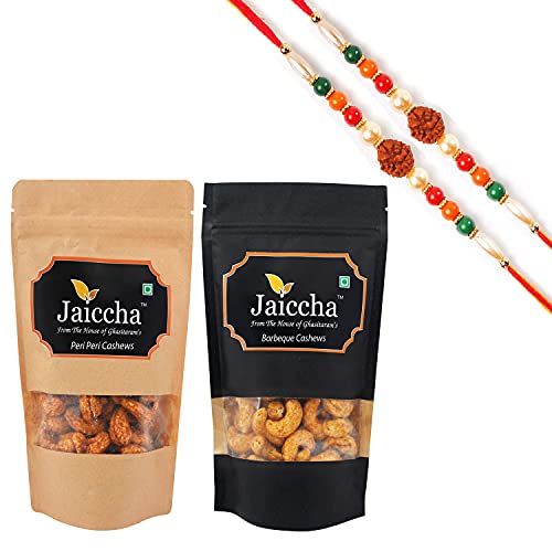 Ghasitaram Gifts Jaiccha Rakhi Gifts for Brothers Rakhi Dryfruits - Pack of 2 Peri Peri, Barbeque Cashews Pouches Small 200 GMS with 2 Rudraksh rakhis Ghasitaram Gifts Jaiccha Rakhi Gifts for Brothers Rakhi Dryfruits - Pack of 2 Peri Peri, Barbeque Cashews Pouches Small 200 GMS with 2 Rudraksh rakhis von Jaiccha