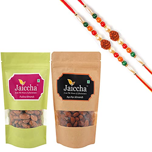 Ghasitaram Gifts Jaiccha Rakhi Gifts for Brothers Rakhi Dryfruits - Pack of 2 Peri Peri, Pudina Almonds Pouches Small 200 GMS with 2 Rudraksh rakhis von Jaiccha