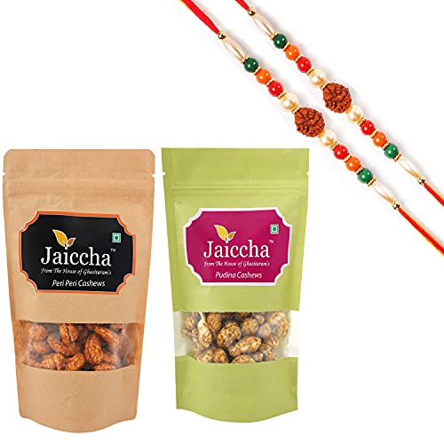 Ghasitaram Gifts Jaiccha Rakhi Gifts for Brothers Rakhi Dryfruits - Pack of 2 Peri Peri, Pudina Cashews Pouches Small 200 GMS with 2 Rudraksh rakhis Ghasitaram Gifts Jaiccha Rakhi Gifts for Brothers Rakhi Dryfruits - Pack of 2 Peri Peri, Pudina Cashews Pouches Small 200 GMS with 2 Rudraksh rakhis von Jaiccha