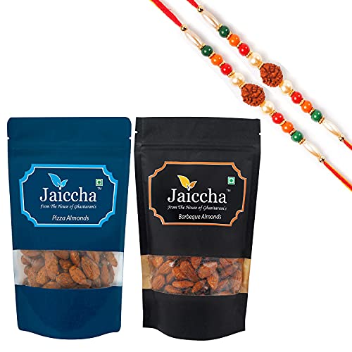 Ghasitaram Gifts Jaiccha Rakhi Gifts for Brothers Rakhi Dryfruits - Pack of 2 Pizza, Barbeque Almonds Pouches Small 200 GMS with 2 Rudraksh rakhis von Jaiccha