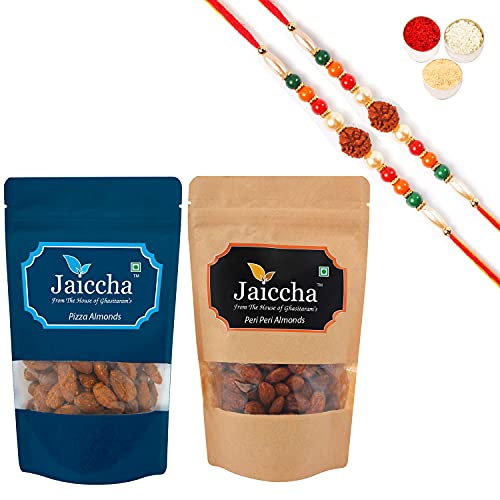 Ghasitaram Gifts Jaiccha Rakhi Gifts for Brothers Rakhi Dryfruits - Pack of 2 Pizza, Peri Peri Almonds Pouches Small 200 GMS with 2 Rudraksh rakhis von Jaiccha