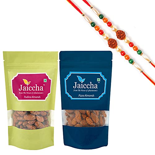 Ghasitaram Gifts Jaiccha Rakhi Gifts for Brothers Rakhi Dryfruits - Pack of 2 Pizza, Pudina, Almonds Pouches Small 200 GMS with 2 Rudraksh rakhis von Jaiccha