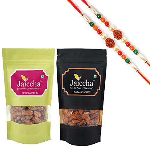 Ghasitaram Gifts Jaiccha Rakhi Gifts for Brothers Rakhi Dryfruits - Pack of 2 Pudina, Barbeque Almonds Pouches Small 200 GMS with 2 Rudraksh rakhis von Jaiccha