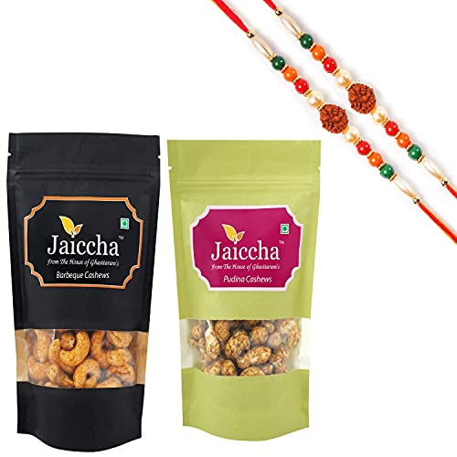 Ghasitaram Gifts Jaiccha Rakhi Gifts for Brothers Rakhi Dryfruits - Pack of 2 Pudina, Barbeque Cashews Pouches Small 200 GMS with 2 Rudraksh rakhis Ghasitaram Gifts Jaiccha Rakhi Gifts for Brothers Rakhi Dryfruits - Pack of 2 Pudina, Barbeque Cashews Pouches Small 200 GMS with 2 Rudraksh rakhis von Jaiccha