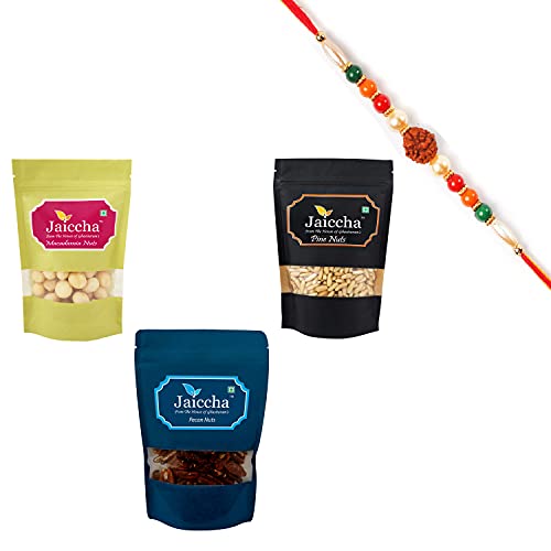 Ghasitaram Gifts Jaiccha Rakhi Gifts for Brothers Rakhi Dryfruits - Pack of 3 Premium Nuts Pinenuts 100 GMS, Pecan 100 GMS and Macadamia 100 GMS with Rudraksh Rakhi von Jaiccha