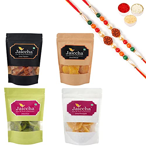 Ghasitaram Gifts Jaiccha Rakhi Gifts for Brothers Rakhi Dryfruits - Pack of 4 Dried Kiwi, Pineapple, Papaya, Mango Pouches Small 400 GMS with 2 Rudraksh rakhis von Jaiccha