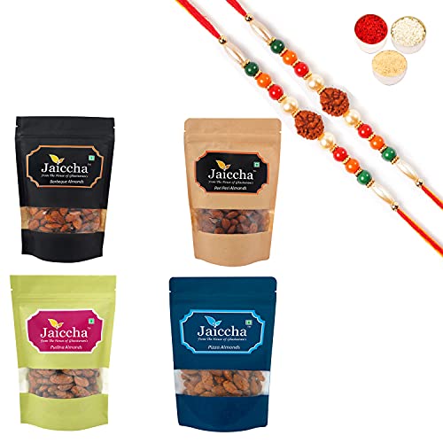 Ghasitaram Gifts Jaiccha Rakhi Gifts for Brothers Rakhi Dryfruits - Pack of 4 Pizza, Peri Peri, Pudina, Barbeque Almonds Pouches Small 400 GMS with 2 Rudraksh rakhis von Jaiccha