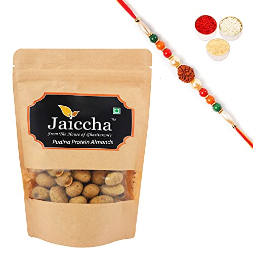 Ghasitaram Gifts Jaiccha Rakhi Gifts for Brothers Rakhi Dryfruits - Pudina Protein Almonds 200 GMS in Brown Paper Pouch with Rudraksh Rakhi von Jaiccha