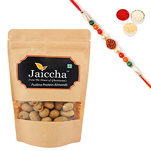 Ghasitaram Gifts Jaiccha Rakhi Gifts for Brothers Rakhi Dryfruits - Pudina Protein Almonds 200 GMS in Brown Paper Pouch with Rudraksh Rakhi Ghasitaram Gifts Jaiccha Rakhi Gifts for Brothers Rakhi Dryfruits - Pudina Protein Almonds 200 GMS in Brown Paper Pouch with Rudraksh Rakhi von Jaiccha