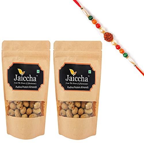 Ghasitaram Gifts Jaiccha Rakhi Gifts for Brothers Rakhi Dryfruits - Pudina Protein Almonds 400 GMS in Brown Paper Pouch with Rudraksh Rakhi von Jaiccha