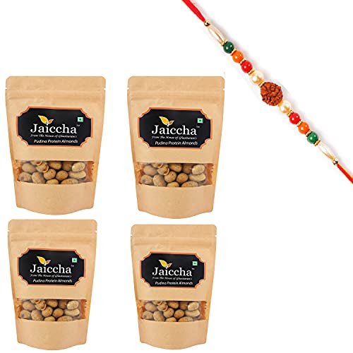 Ghasitaram Gifts Jaiccha Rakhi Gifts for Brothers Rakhi Dryfruits - Pudina Protein Almonds 800 GMS in Brown Paper Pouch with Rudraksh Rakhi von Jaiccha