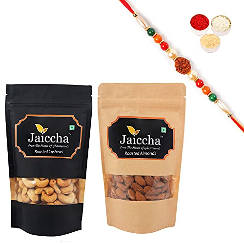 Ghasitaram Gifts Jaiccha Rakhi Gifts for Brothers Rakhi Dryfruits - Roasted Cashews 100 GMS and Roasted Almonds 100 GMS Pouches with Rudraksh Rakhi von Jaiccha