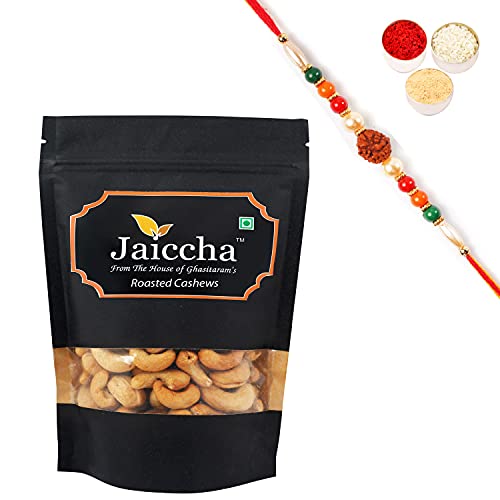 Ghasitaram Gifts Jaiccha Rakhi Gifts for Brothers Rakhi Dryfruits - Roasted Salted Cashews 200 GMS in Black Paper Pouch with Rudraksh Rakhi von Jaiccha