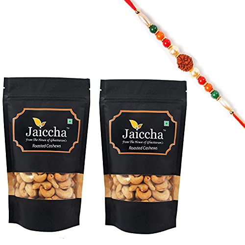 Ghasitaram Gifts Jaiccha Rakhi Gifts for Brothers Rakhi Dryfruits - Roasted Salted Cashews 400 GMS in Black Paper Pouch with Rudraksh Rakhi von Jaiccha