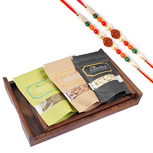 Ghasitaram Gifts Jaiccha Rakhi Gifts for Brothers Rakhi Dryfruits - Set of 2 Striped Wooden Trays Cashews, Almonds and Raisins with 2 Rudraksh rakhis von Jaiccha