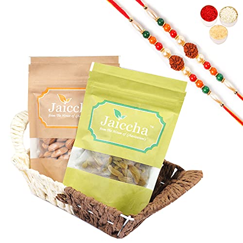 Ghasitaram Gifts Jaiccha Rakhi Gifts for Brothers Rakhi Dryfruits - Small Metal Brown of Almonds and Raisins with 2 Rudraksh rakhis von Jaiccha