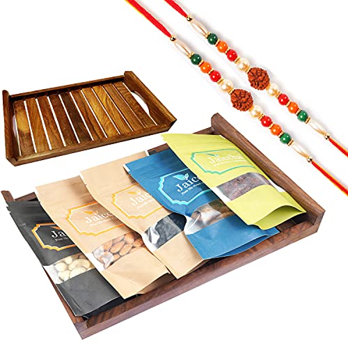 Ghasitaram Gifts Jaiccha Rakhi Gifts for Brothers Rakhi Dryfruits - Striped Big Wooden Tray of Almonds, Cashews, Cranberry, Blueberry and Figs with 2 Rudraksh rakhis von Jaiccha